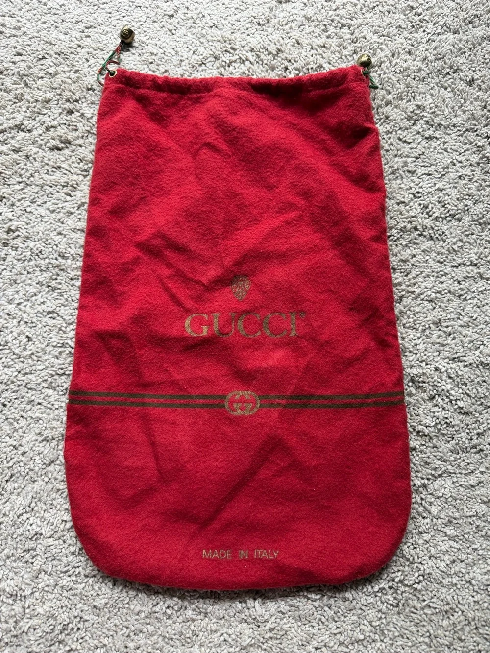Vintage GUCCI Red Flannel Dust Bag/Pouch Gold Knight Crest Logo Italy